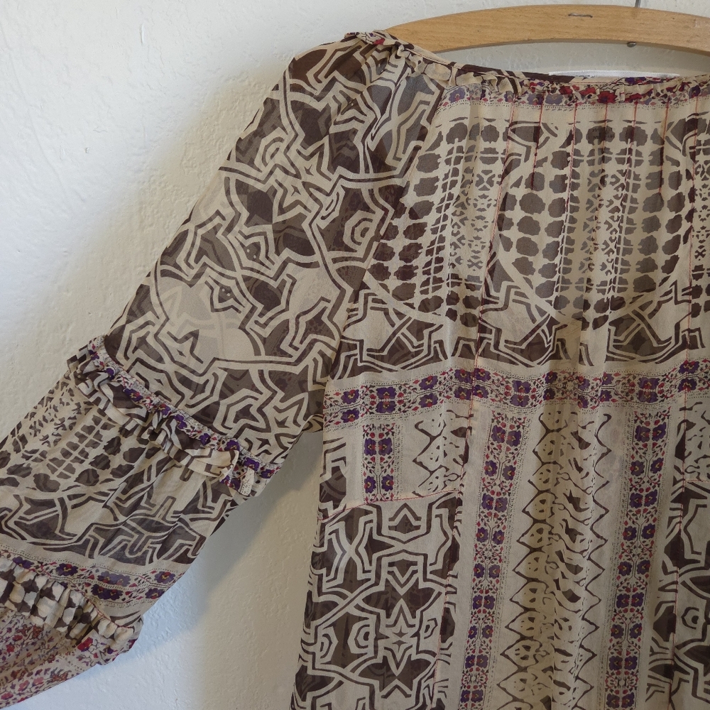 Diane Von Furstenberg Womens Ruffle Blouse 100% Silk Geometric BrownCream Size 0 - Picture 9 of 15